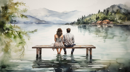 Along the shores of a secluded lake, a weathered dock juts out into the still waters, where a couple sits in quiet contemplation.