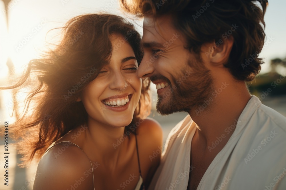 Poster A man and a woman smiling at each other. Suitable for various concepts