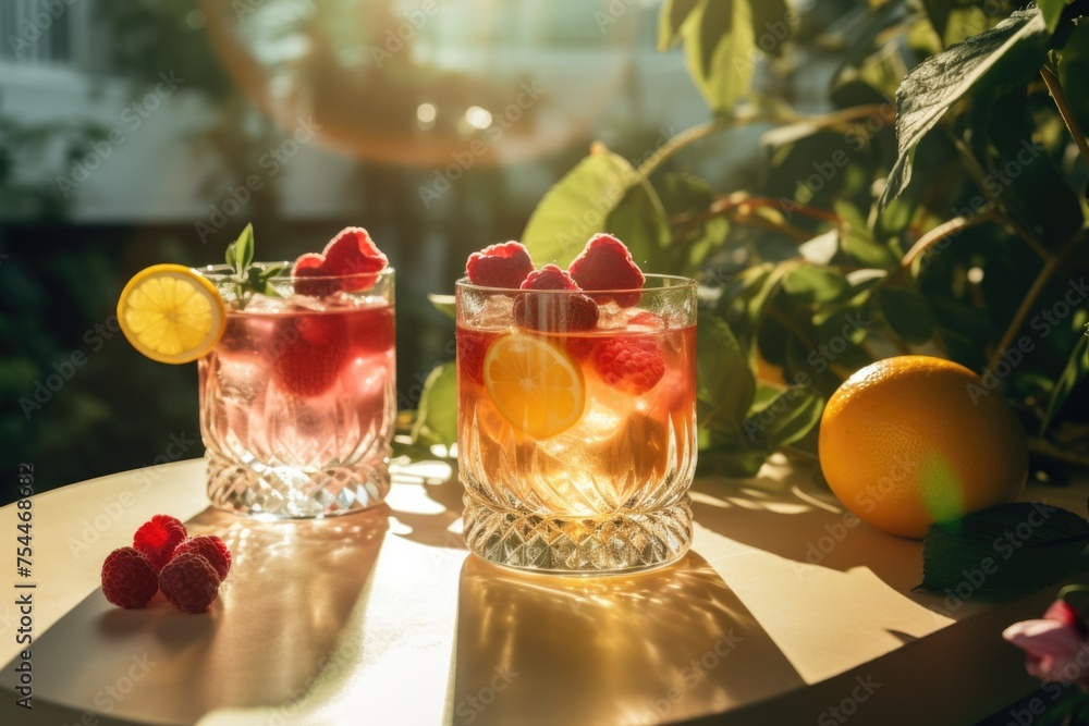 Poster fresh and fruity raspberry lemon water glasses on a table, perfect for summer menus