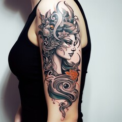 A woman displaying a tattoo on her arm. Suitable for various lifestyle and fashion concepts