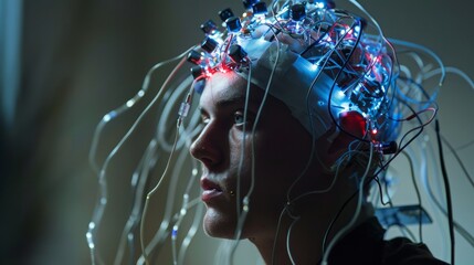 a man under brain scan with futuristic brain computer interface brain implant