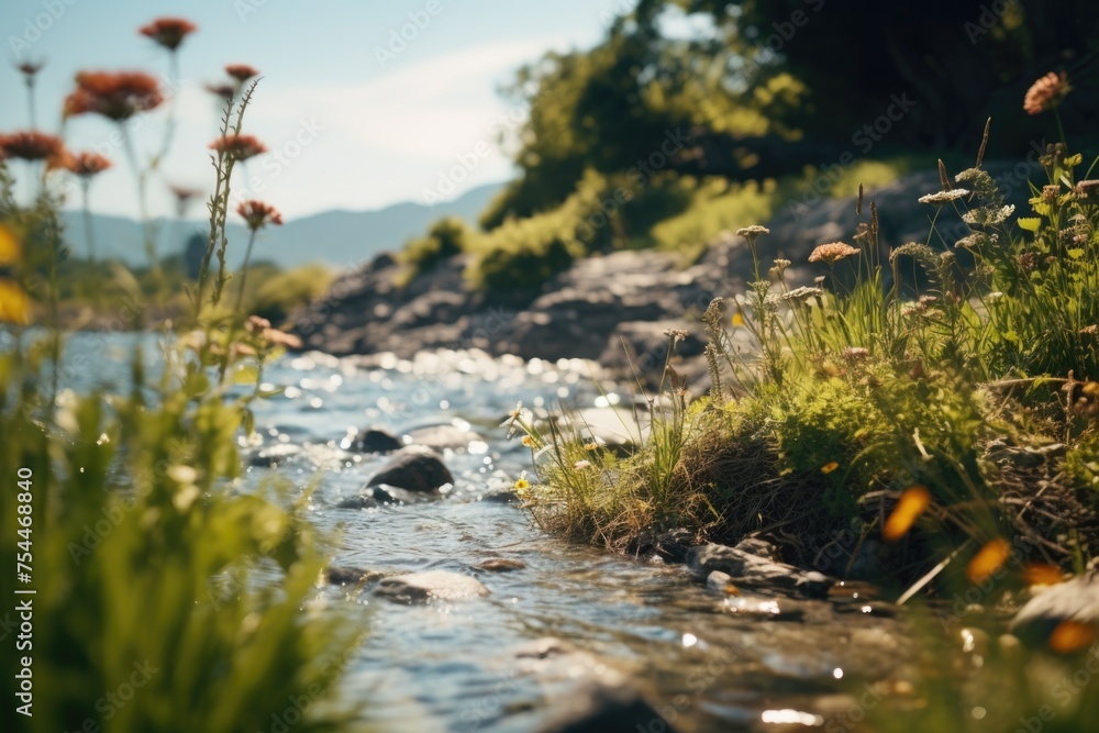Aufkleber a serene stream flowing through a vibrant forest. suitable for nature and travel concepts