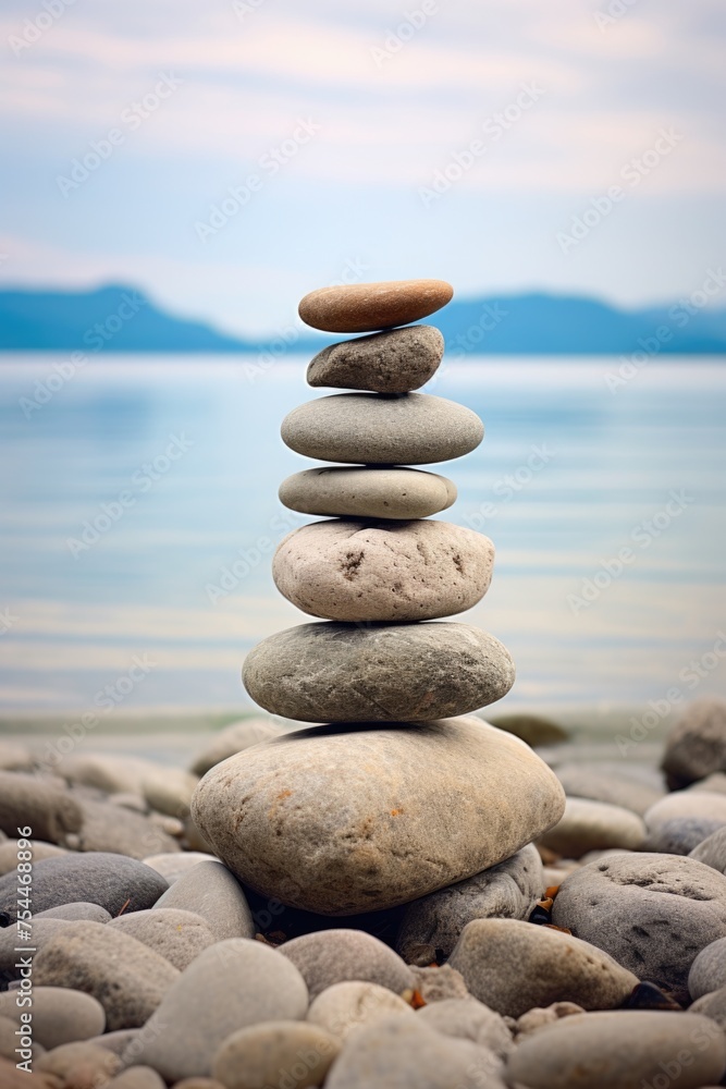 Poster a stack of rocks sitting on top of a beach. suitable for travel and nature concepts