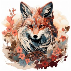 Fototapeta premium A painting of a fox surrounded by colorful flowers. Ideal for nature or wildlife-themed designs