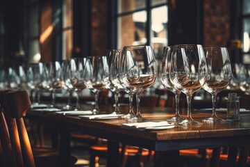 A long table filled with empty wine glasses. Ideal for restaurant or event planning concepts
