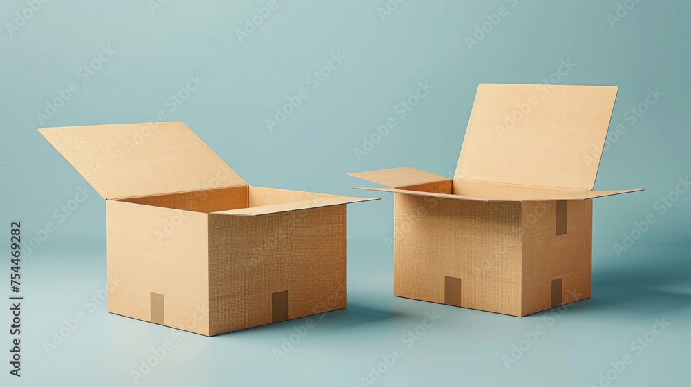 Poster two open cardboard boxes on a blue surface. perfect for packaging or moving concepts