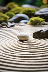 A white rock placed on top of a circular rock garden. Ideal for landscaping and zen concepts