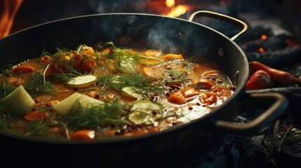 A pot of stew with vegetables cooking over a fire. Suitable for food and cooking concepts