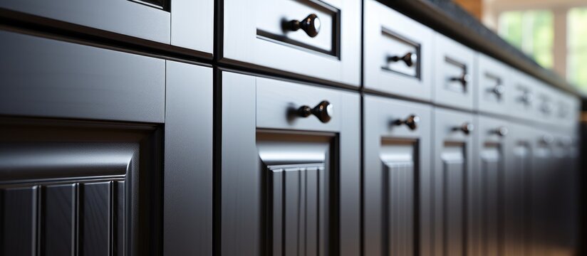 Close-up shot of newly installed kitchen cabinet with sleek black knobs. The photo showcases the modern design and craftsmanship of the cupboards, highlighting the attention to detail in the