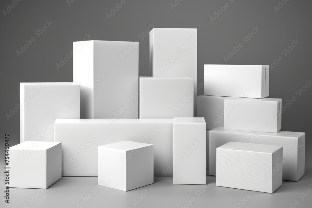 Poster a group of white boxes sitting next to each other. perfect for business or storage concepts