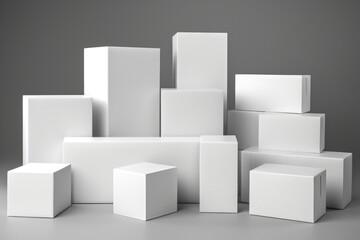 A group of white boxes sitting next to each other. Perfect for business or storage concepts