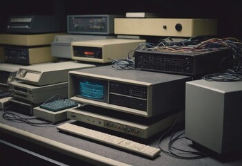 pile of old unused computers and vintage CRT monitors