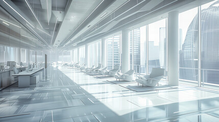 Obraz premium Contemporary Office Interior with Bright Windows, Modern Furniture and Spacious Design, Corporate Elegance and Style