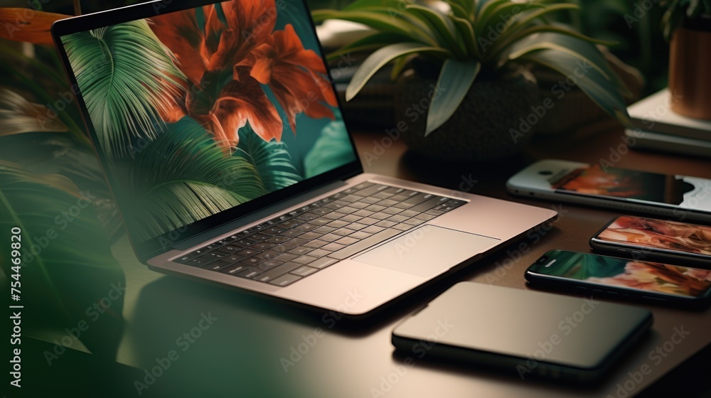 Poster a modern laptop computer placed on a wooden desk. suitable for office or work from home concepts
