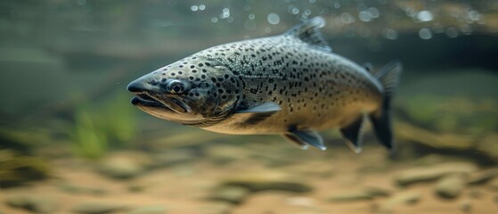 a close up of a fish in a body of water with rocks and grass in the background and water bubbles in the foreground.
