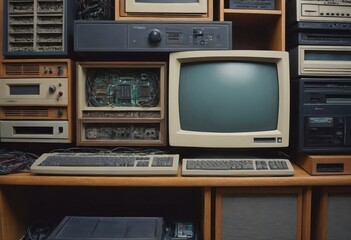 Fototapeta premium pile of old unused computers and vintage CRT monitors