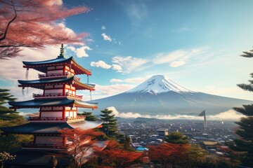 Obraz premium A serene pagoda with a majestic mountain backdrop. Ideal for travel and nature concepts