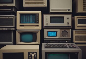 pile of old unused computers and vintage CRT monitors