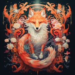 Fototapeta premium Digital painting of a fox surrounded by flowers, suitable for nature and wildlife themes