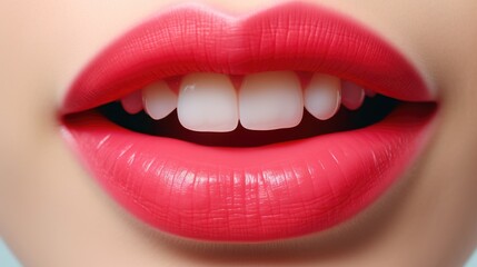Close up of a woman's mouth with bright red lipstick. Perfect for beauty and makeup concepts