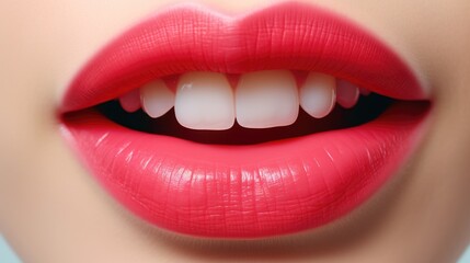 Fototapeta premium Close up of a woman's mouth with bright red lipstick. Perfect for beauty and makeup concepts