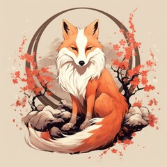 Fototapeta premium A fox sitting in front of a circle made of flowers. Suitable for nature and wildlife themes