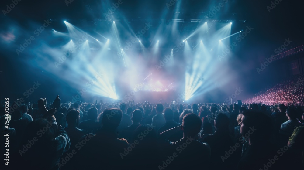Poster a large group of people standing in front of a stage. suitable for event or concert promotion