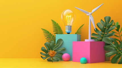 3D Electric lightbulb and wind turbine in front of yellow background with green plants.