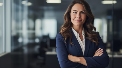 Obraz premium Modern office space, a successful businesswoman stands confidently, her arms crossed in front of her, exuding determination and authority.