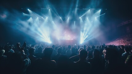 A large group of people standing in front of a stage. Suitable for event or concert promotion