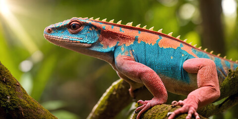 Fototapeta premium Tropical lizard in jungle on a sunny day. Rainforest illustration with bright colorful reptile among exotic plants with big leaves. Background with pristine nature landscape