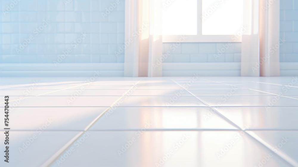 Poster A clean white tiled floor with a window in the background. Ideal for interior design concepts