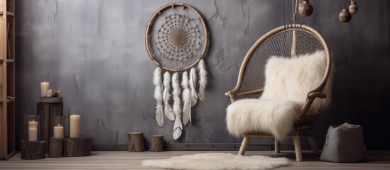 A stylish room is depicted with an armchair placed next to a wall hanging featuring a dream catcher. The room exudes a modern yet cozy ambiance.