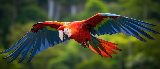 A red and blue Scarlet Macaw parrot is soaring through the air, displaying its vibrant plumage as it gracefully navigates the sky. The birds wings are outstretched, catching the wind as it flies with - obrazy, fototapety, plakaty