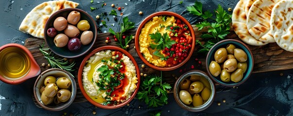 Vibrant Mediterranean Platter with Pita Bread, Hummus, and Olives. Concept Food Presentation, Mediterranean Cuisine, Appetizer Ideas, Finger Foods