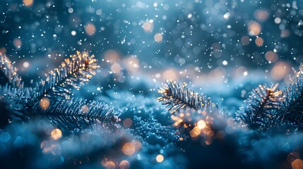 Christmas tree branches with a bokeh effect background depicting snow and lights. Festive representation of the winter.