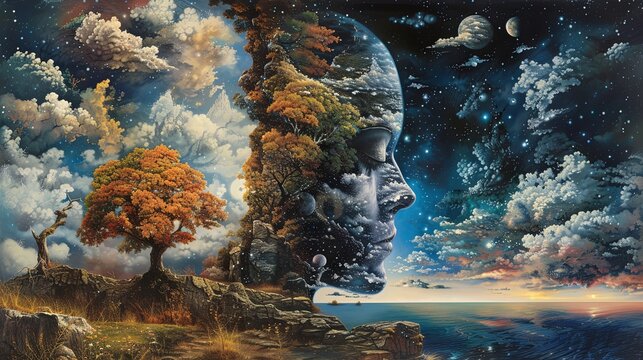 a painting of a woman s face surrounded by trees and clouds