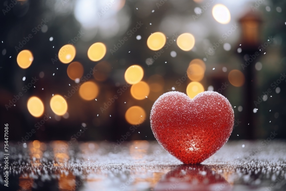 Poster a red heart shaped object placed on a table covered in snow. suitable for valentine's day designs