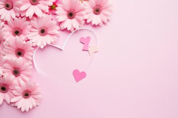 Delicate pink gerbera daisies alongside paper hearts on a soft pink background.