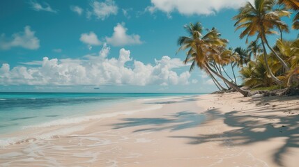 Beautiful sandy beach with palm trees, perfect for travel brochures