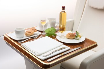 Fototapeta na wymiar A tray of food and drinks served on a plane. Ideal for travel and airline concepts