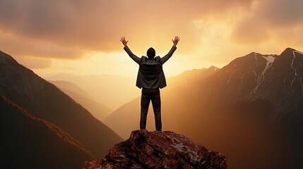 A man standing triumphantly on a mountain peak. Suitable for motivation and success concepts