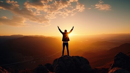A man standing on top of a mountain at sunset. Perfect for inspirational and motivational designs