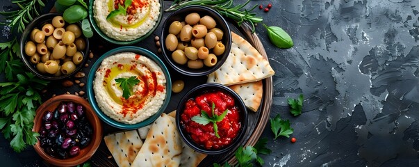 Colorful Mediterranean Platter with Pita Bread, Hummus, and Olives. Concept Food Photography, Mediterranean Cuisine, Appetizer Platter, Vegan Snacks, Healthy Eating