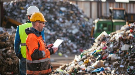Waste management worker with tablet at a recycling plant.