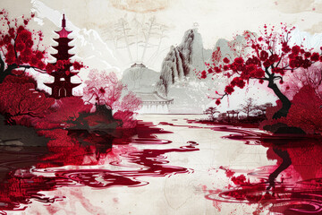 A crimson river winds through a paper-cut valley. Its banks are adorned with plum blossoms, their delicate petals floating downstream.