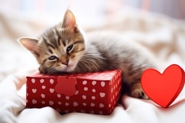An adorable kitten lying on a dotted red gift box next to a red heart.