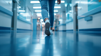 Fototapeta premium woman's legs are walking in the hospital corridor, legs of a woman walking in a modern hospital corridor, low angle view, generative ai