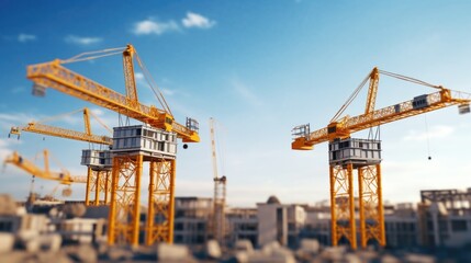 Group of yellow cranes on top of a building, suitable for construction industry use - Powered by Adobe