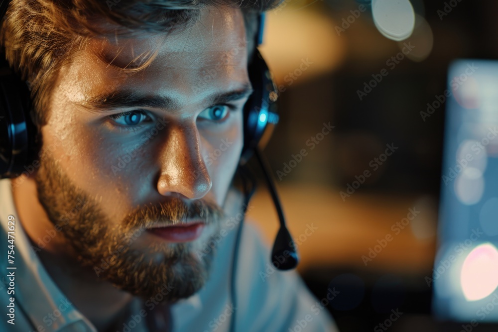 Poster A man wearing a headset while working on a computer. Suitable for technology concepts